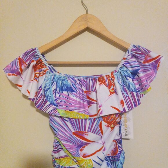 TiniBikini Small Tropical Palm One Piece Swimsuit-Ruffle Neck-Lace Up Sides-NEW - Picture 3 of 10